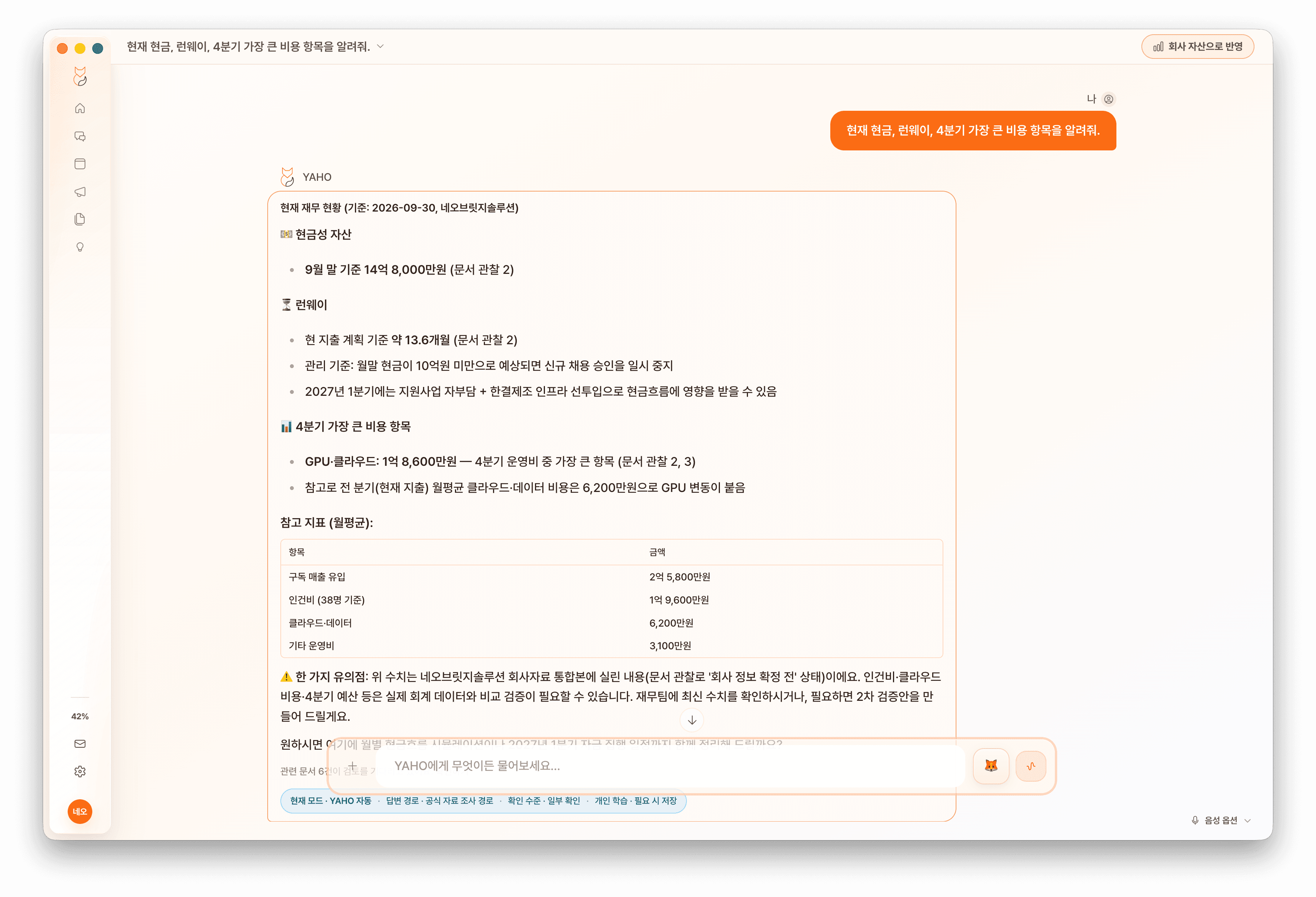 YAHO가 회사 기록의 근거를 바탕으로 현재 재무 현황을 정리한 화면